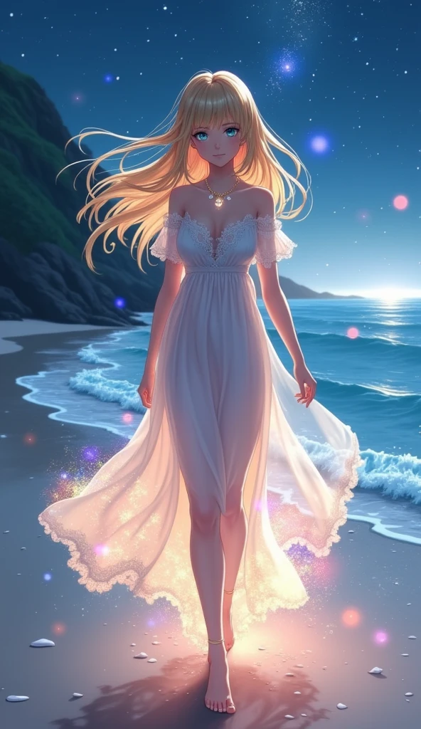 (masterpiece、Highest quality、8k、High resolution)、(The best beautiful girl)、Best Style、(The most beautiful face、Beautiful Skin、Clean blue eyes、Beautiful Lips、Beautiful Nose)、Blonde、Ample breasts、White lace dress、Walking on the beach、look back、Ocean、You can see the forest、A bright night with the stars clearly visible、Beautiful starry sky、milky way、(体whole bodyから神秘的な光の粒子、Colorful light)、(jewelry、necklace)、(whole body)、Highly detailed anime art、A complete portrayal、