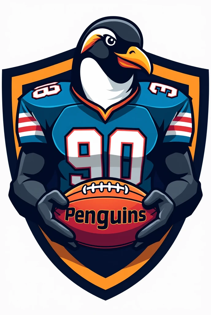 A shield of a penguin in a flag football uniform and holding an American football that says “Penguins”