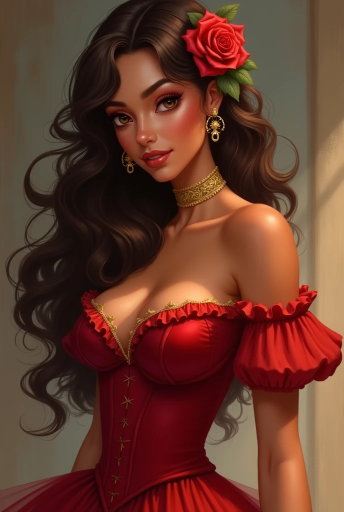 very very beautiful woman, tanned brown skin, curly hair, chestnut hair, striking look, seducing gaze, redgown, puffy dress, corset, gold collar, gold earrings, very long hair, Pombagira, rose in hair, honey-colored eyes, simple background, charmer smile, wide smile