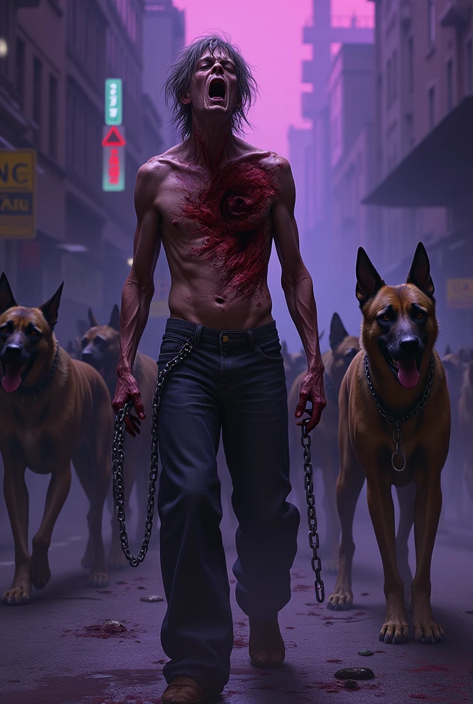 Toxicoman person, in the street at night, with big hole on the body that we can see the muscle underneath, violet and purple atmosphère, with dogs with big chains