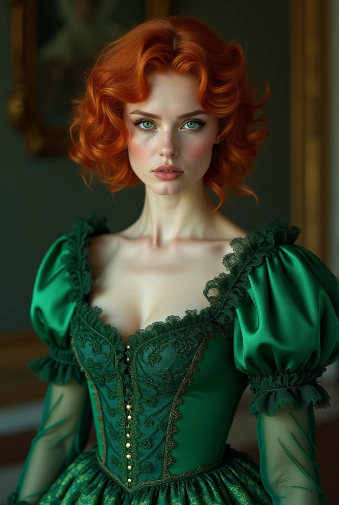 ((best quality)), ((masterpiece)), (detailed), curvy redhead girl, short curly hair, one green eye, one blue eye, green dress, long puffy sleeves, circle skirt, fitted at the waist, built-in corset
