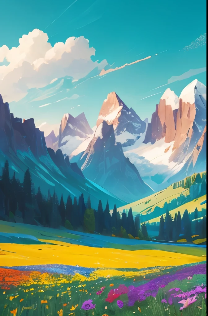 flowers in a field with mountains in the background, wildflowers, colorful wildflowers, field of wild flowers, field of mixed flowers, vast lush valley flowers, fields of flowers, field of flowers, an aesthetic field of flowers, southern wildflowers, wildflowers and grasses, by Jim Nelson, meadows, beautiful scenery, wild flowers, rural splendor, mythical floral hills, field of fantasy flowers
