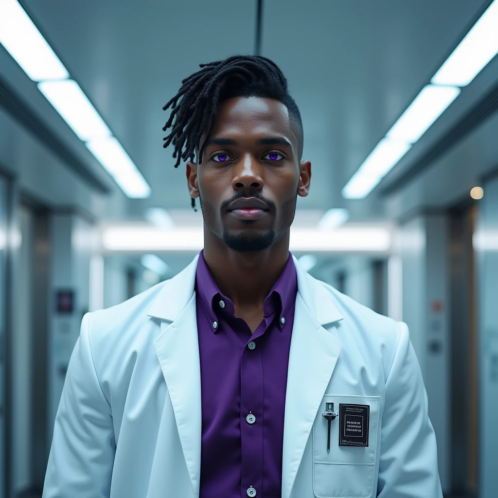 Photograph headshot of a very tall French-Nubian featured male model, wavy hair parted to the side hair, shaved chin, shaved upper lip, toned body, ebony skin, vibrant purple eyes, tall thin toned body. Kind expression. Doctor coat, dark purple shirt, modern scifi hospital.