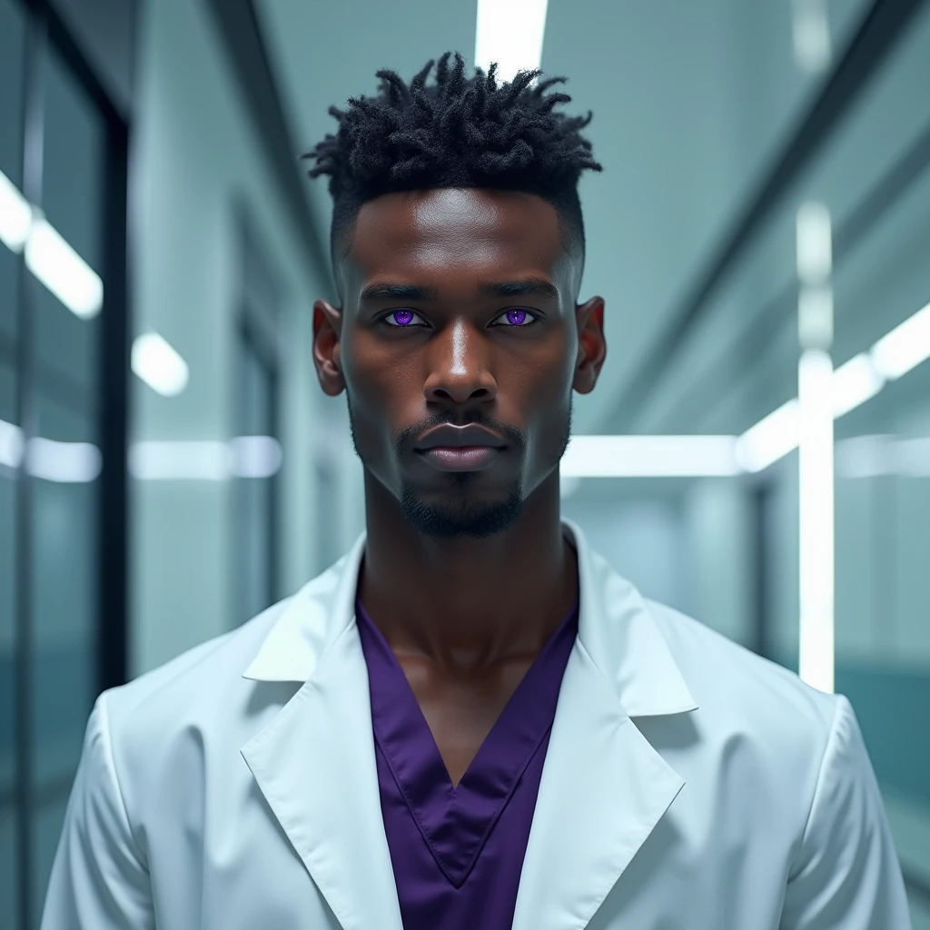 Photograph headshot of a very tall French-Nubian featured male model, wavy hair parted to the side hair, shaved chin, shaved upper lip, toned body, ebony skin, vibrant purple eyes, tall thin toned body. Kind expression. Doctor coat, dark purple shirt, modern scifi hospital.