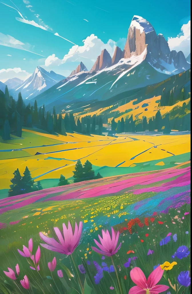 flowers in a field with mountains in the background, wildflowers, colorful wildflowers, field of wild flowers, field of mixed flowers, vast lush valley flowers, fields of flowers, field of flowers, an aesthetic field of flowers, southern wildflowers, wildflowers and grasses, by Jim Nelson, meadows, beautiful scenery, wild flowers, rural splendor, mythical floral hills, field of fantasy flowers