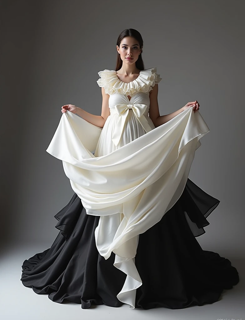 pregnant woman there is a black and white dress with a white bow on it, both hand up position , flowing fabric, black and white color aesthetic, flowing realistic fabric, black and white clothes, a still of an ethereal, black and white color, beautiful flowing fabric, slow motion fashion, white and black clothing, frilled blooming collar, frill, flowing dress, inspired by Hedi Xandt