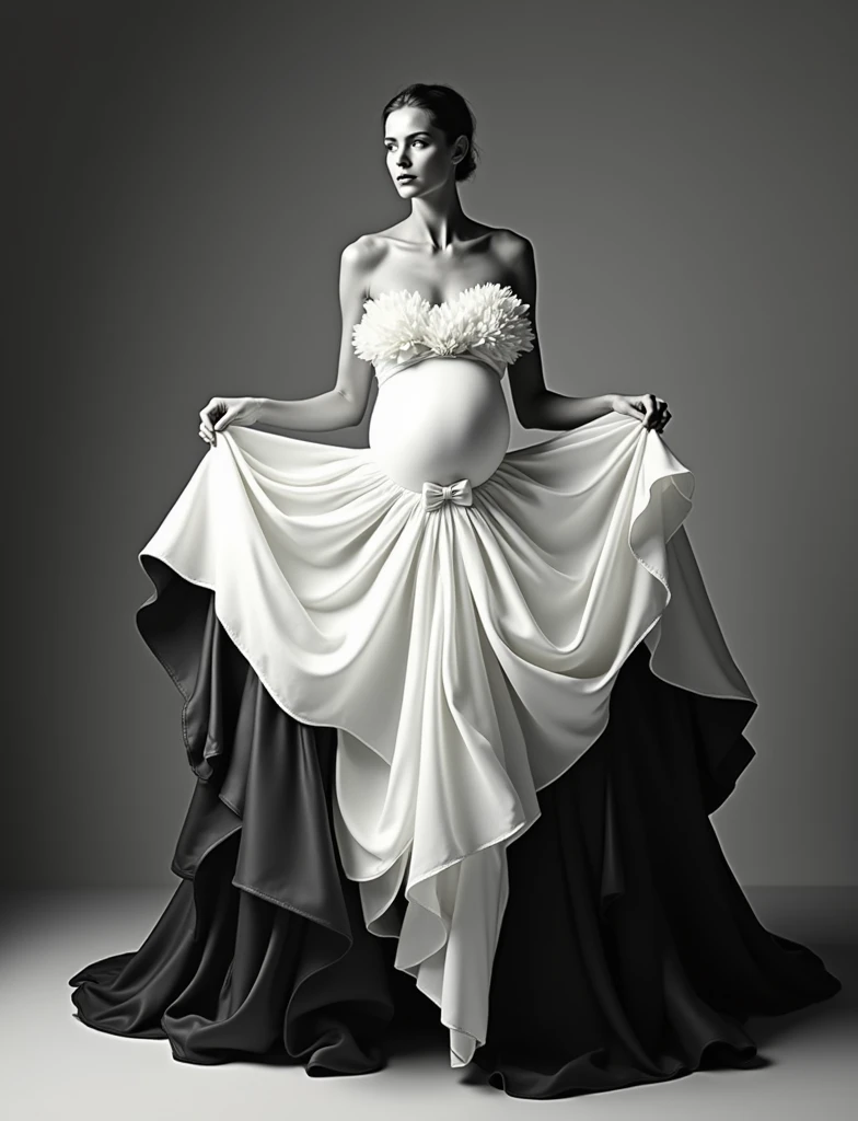 pregnant woman there is a black and white dress with a white bow on it, both hand up position , flowing fabric, black and white color aesthetic, flowing realistic fabric, black and white clothes, a still of an ethereal, black and white color, beautiful flowing fabric, slow motion fashion, white and black clothing, frilled blooming collar, frill, flowing dress, inspired by Hedi Xandt