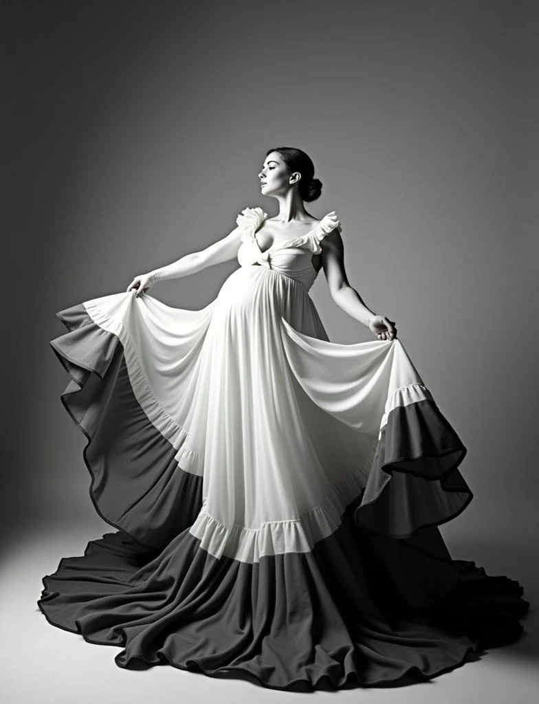 pregnant woman there is a black and white dress with a white bow on it, both hand up position , flowing fabric, black and white color aesthetic, flowing realistic fabric, black and white clothes, a still of an ethereal, black and white color, beautiful flowing fabric, slow motion fashion, white and black clothing, frilled blooming collar, frill, flowing dress, inspired by Hedi Xandt
