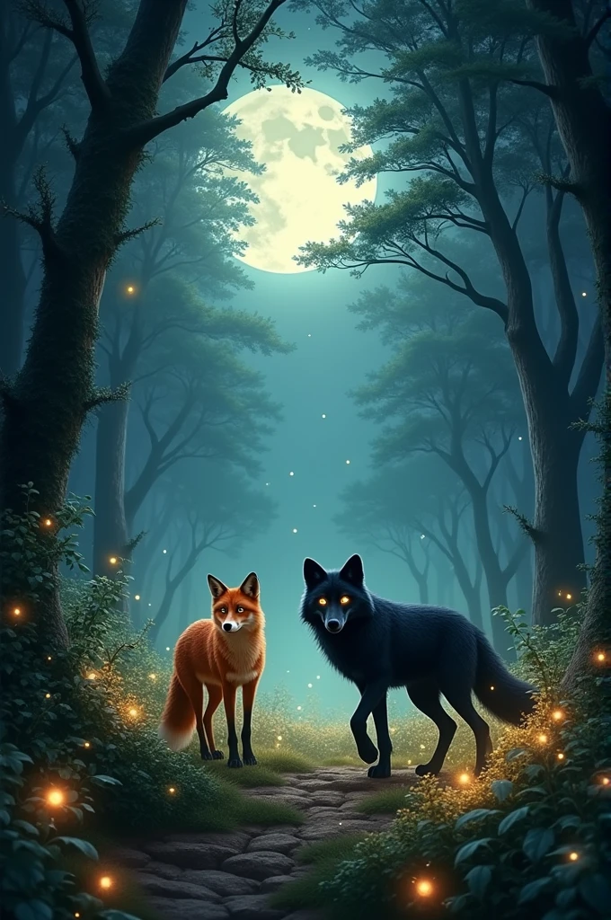 A forest all deluded by the light of the full moon,full of fireflies,with an orange fox and a black wolf