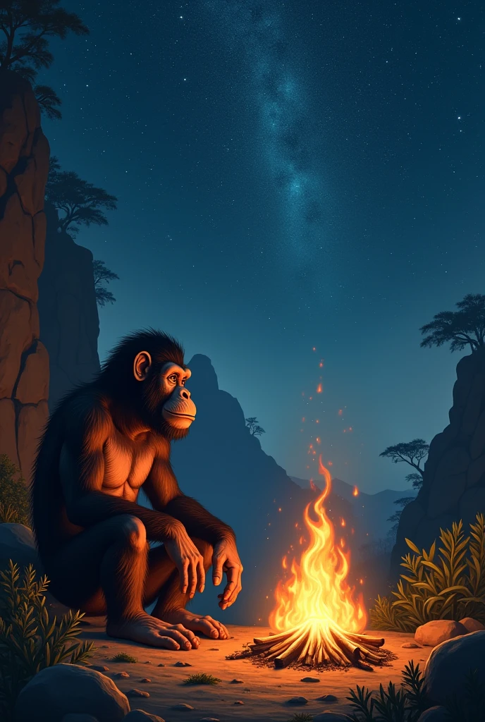 hominid sits by the fire, looking at the stars. You know something has changed forever. His offspring will have a new power, A new path to the future.