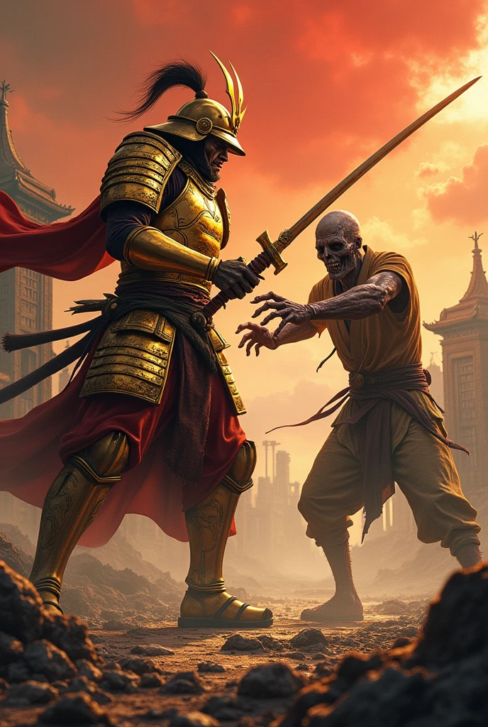 A Japanese fighter in golden armor fighting a zombie