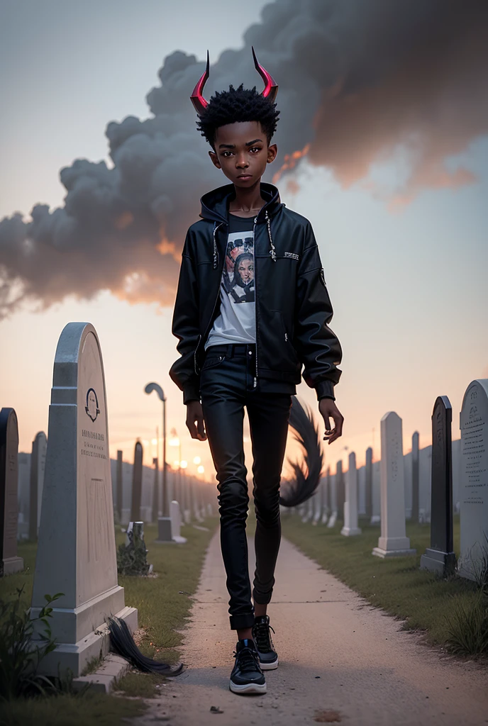 Create a painting of a skinny black ager with a demon tail and horn standing at a crossroads in a cemetery around him catches fire