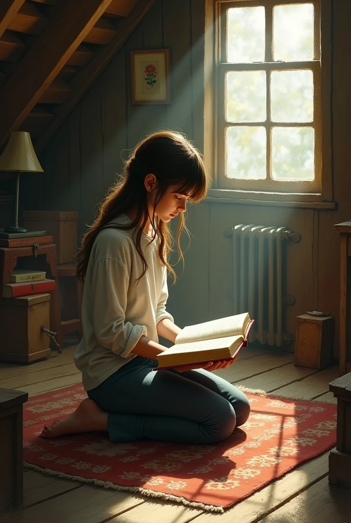 A girl kneeling holding a book in an attic