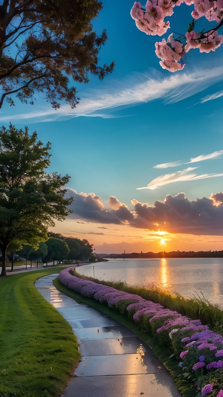 a path lined with purple flowers next to a body of water, Violet and yellow sunset, Purple sunset, at Purple sunset, Beautiful sunset, Beautiful sunset glow, colorful sunset, Beautiful purple sky, beautiful and spectacular sunset, really beautiful nature, with beautiful colors, colorful sunset!!, warm and beautiful scene, stunning sunset, warm spring sunset, Beautiful sunset lighting, beautiful nature
