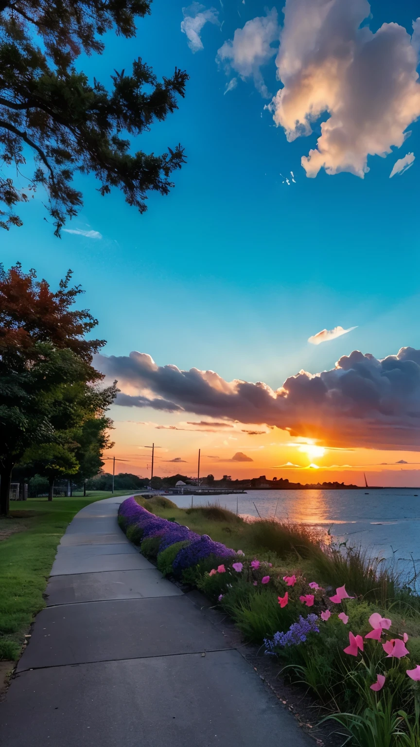 a path lined with purple flowers next to a body of water, Violet and yellow sunset, Purple sunset, at Purple sunset, Beautiful sunset, Beautiful sunset glow, colorful sunset, Beautiful purple sky, beautiful and spectacular sunset, really beautiful nature, with beautiful colors, colorful sunset!!, warm and beautiful scene, stunning sunset, warm spring sunset, Beautiful sunset lighting, beautiful nature