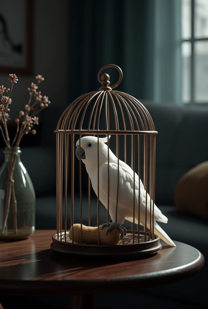 a small white parrot pet bird in a cage on a dark living room table