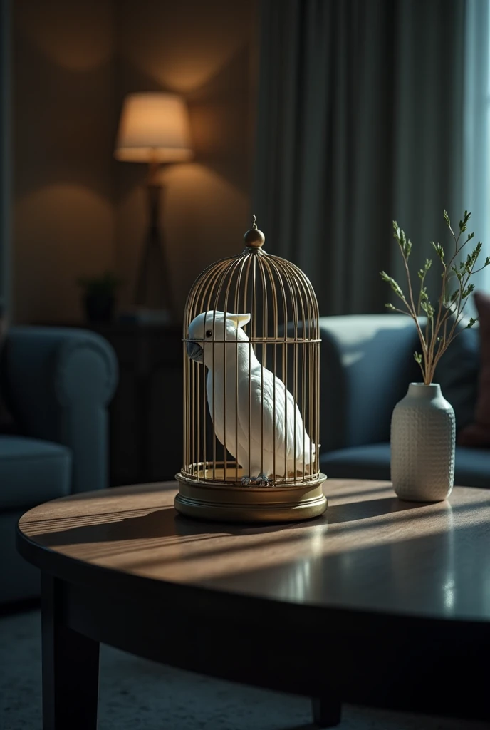 a small white parrot pet bird in a cage on a dark living room table