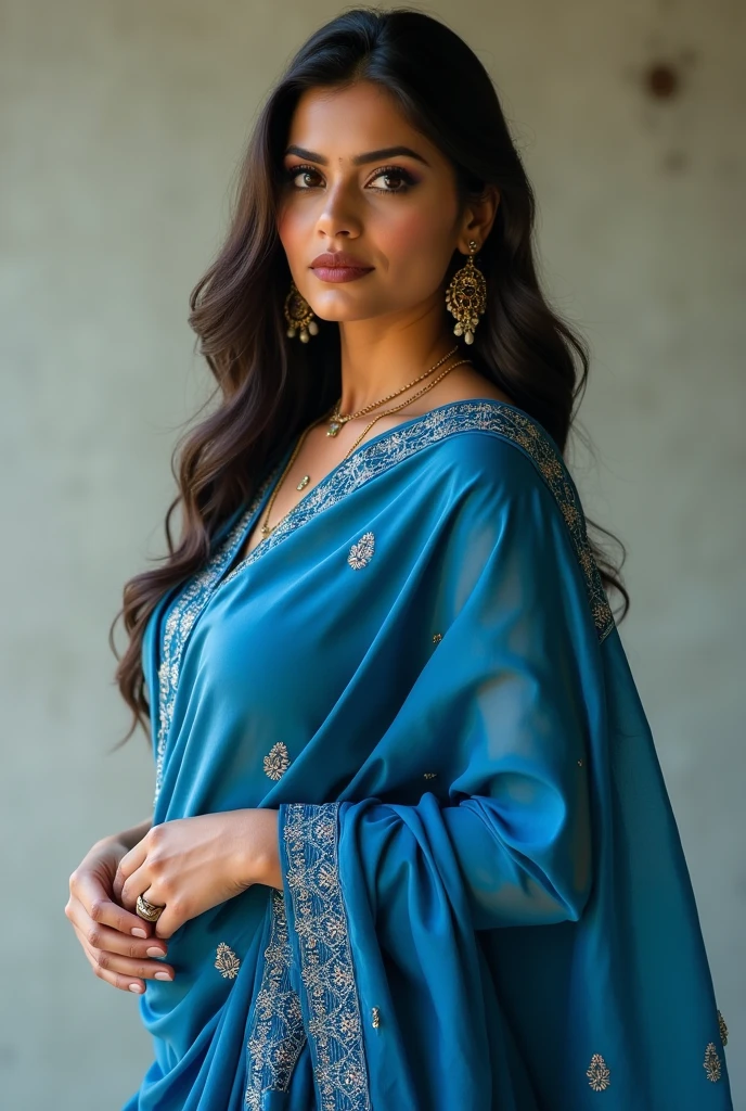 Full body image of Indian hot and sexy lady in blue gujrati kurti with large boobs and large ass