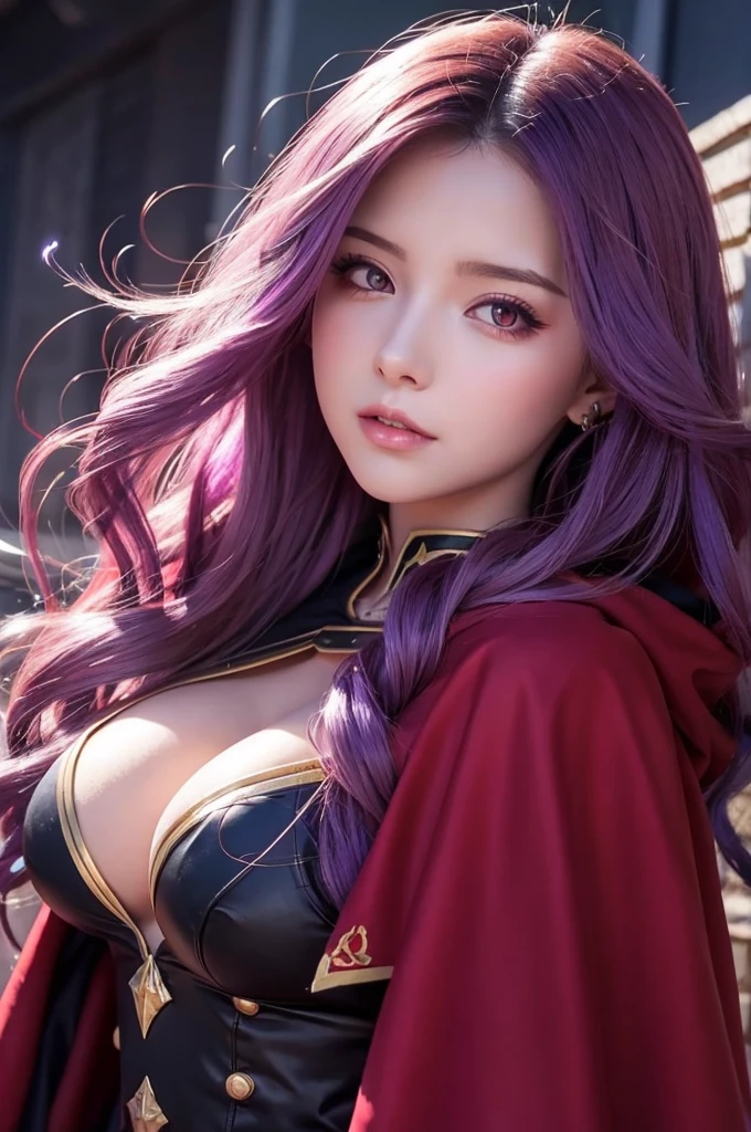 Purple Hair Long Wavy Hair Red Eyes beautiful girl Cape Big Breasts anime