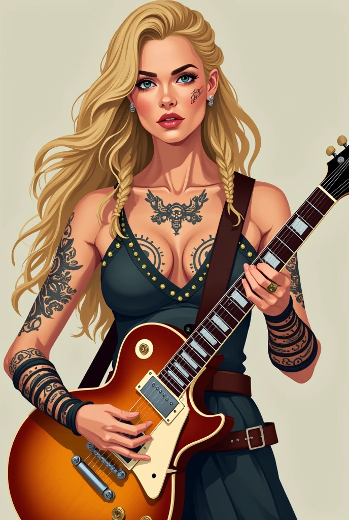 flat vector of a sexy busty viking valkyrie lady, she is blond. her hair is braided. She has subtle viking tatoos. she is playing a gibson les paul which is engraved with viking runes.