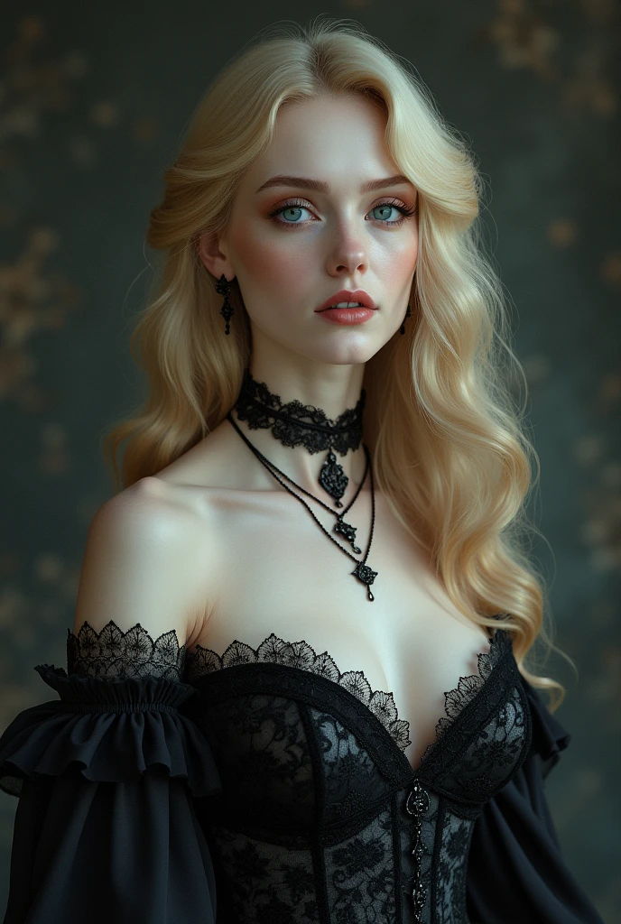 blonde vampire woman with blue eyes and victorian dress portrait 