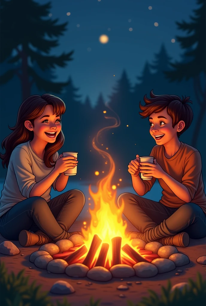 This photo shows two friends laughing and drinking while watching a bonfire at a campsite at night. The bonfire is very realistic and the sparks fly up, creating a fantastic atmosphere,