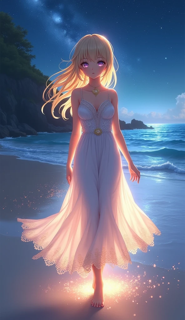 (masterpiece、Highest quality、8k、High resolution)、(The best beautiful girl)、Best Style、(The most beautiful face、Beautiful Skin、Clean blue eyes、Beautiful Lips、Beautiful Nose)、Blonde、Ample breasts、White lace dress、Walking on the beach、look back、Ocean、You can see the forest、A bright night with the stars clearly visible、Beautiful starry sky、milky way、(体whole bodyから神秘的な光の粒子、Colorful light)、(jewelry、necklace)、(whole body)、Highly detailed anime art、A complete portrayal、