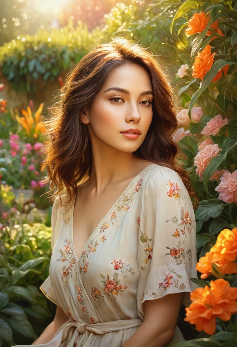 A beautiful woman in a garden, (realistic:1.2), warm colors, natural lighting, oil painting style, detailed flowers, peaceful atmosphere.