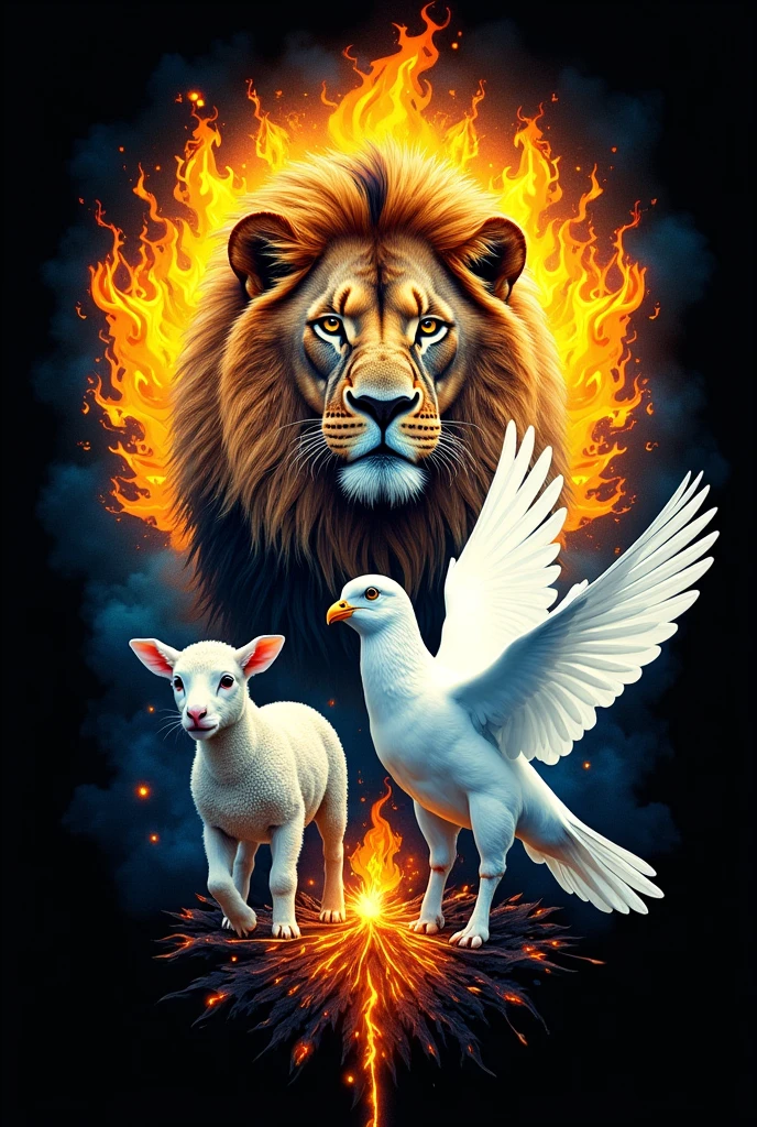 Create a black and sky blue t-shirt with an image of a lion, a white dove, a lamb and yellow fire flames with orange around the image. Women&#39;s t-shirt.this image created inside a shirt 