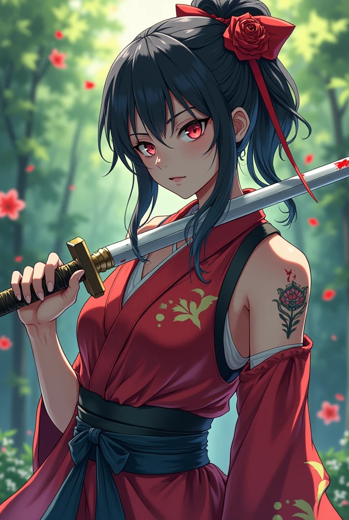 Japanese zombie swordswoman, intelligent, detailed, 4k, anime portrait in a very colorful garden, I recommend that you use exaggerated movements and do them in a very anime style.