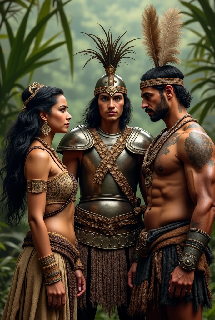 make three characters The Indian Iracema, with black hair and clothes of the Brazilian indigenous people, the Portuguese Martin, offwhite, with European soldier armor and blond hair, the Irapuã indigenous warrior, with black hair and clothes of Brazilian indigenous warriors