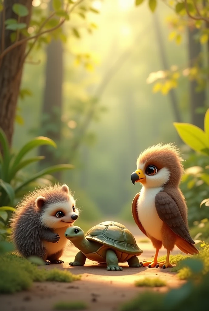 a baby porcupine and a baby turtle and a baby hawk