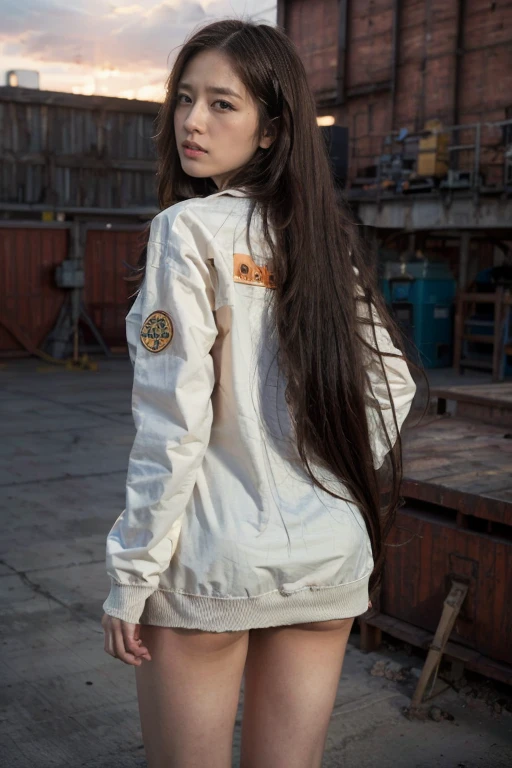 At sunset,Spectacular clouds, (Reality:1.3), (best quality:1.0), (Ultra-high resolution:1.0), 8k, RAW photos, (masterpiece,best quality), 1 Girl, Delicate skin, Detailed eyes, (Long hair:1.2), (Large Breasts:1.1), (Engineer clothing:1.3), Long legs,Boots,indoor,Stand in the dressing room,With your back to the audience
