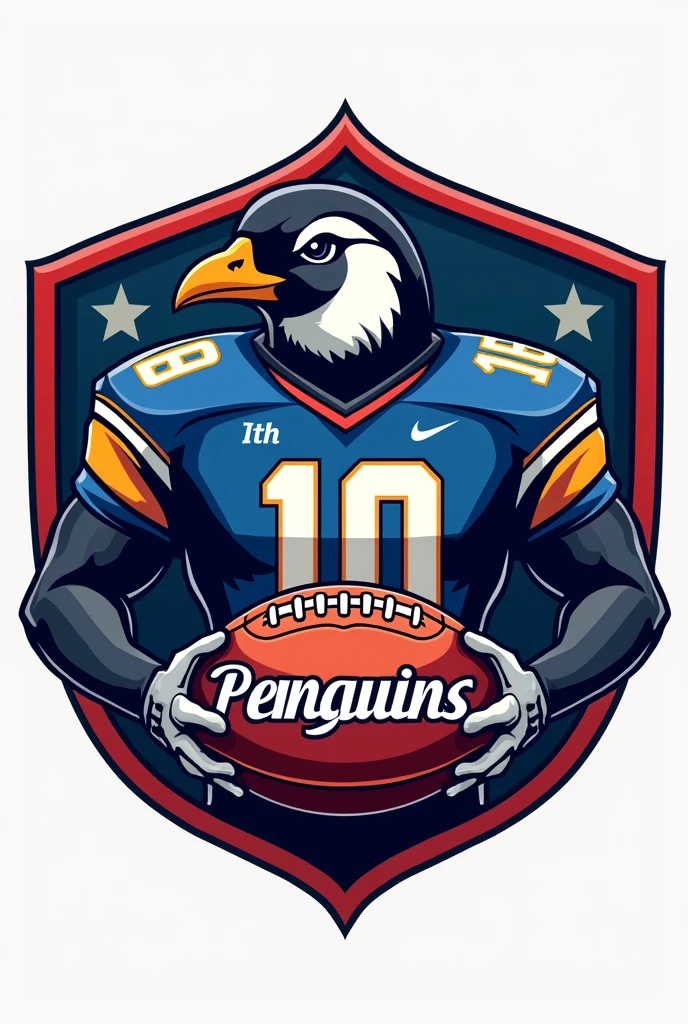 A shield of a penguin in a flag football uniform and holding an American football that says “Penguins”