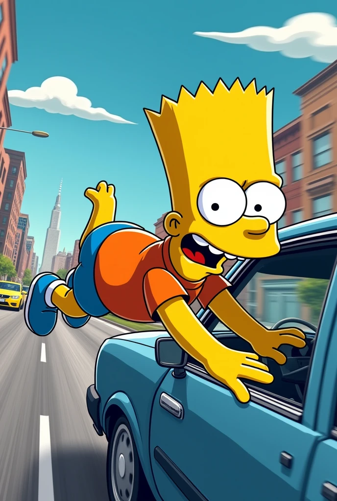 Drawing Bart Simpson flying and holding onto the car window