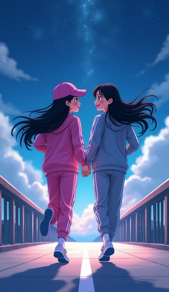 Two girls long black hairs, yuri
The first girl wear a pink adidas jacket, pink cap, pink adidas sweatpants with three white stripes.
The second girl wear a grey adidas jacket, grey cap, grey adidas sweatpants with three white stripes.
They are wearing the white socks and white adidas sneakers.
running on the wide bridge, holding hand, smiled, fantastic night blue sky, novel cartoon, 4K, HD