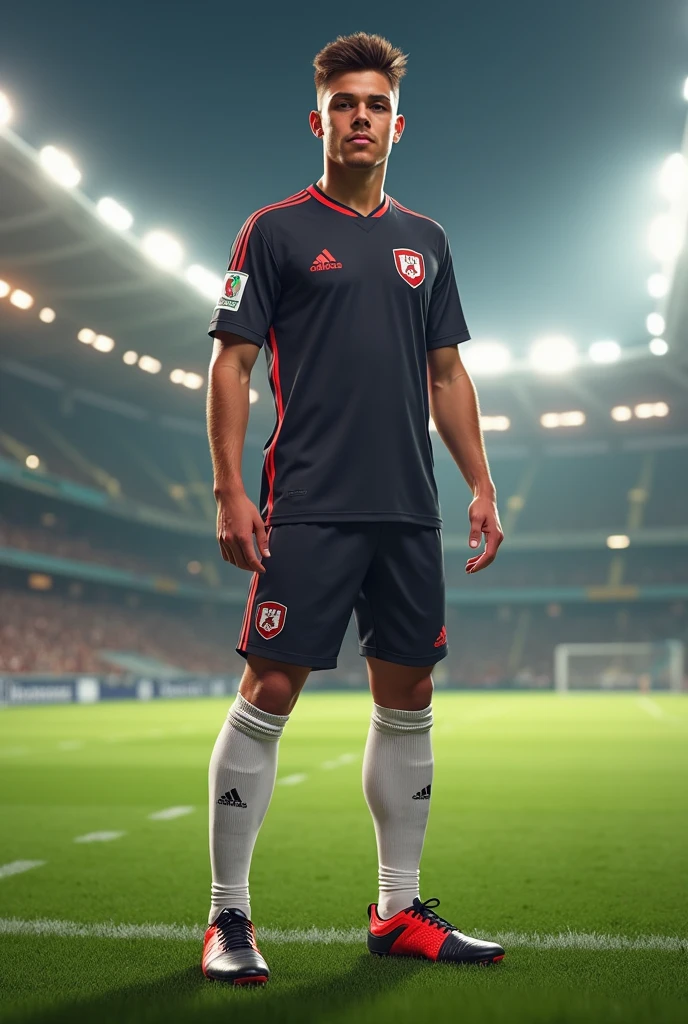 A young footballer
.He has beautiful white socks and beautiful black and red football boots