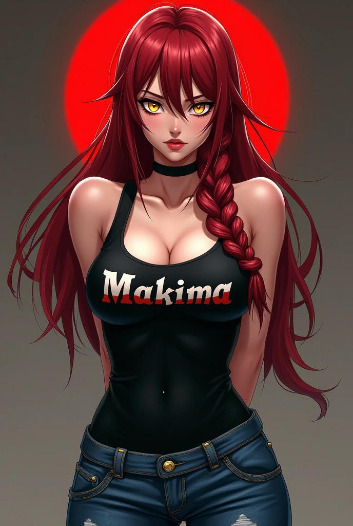 beautiful japanese girl, Makima, chainsaw man, red hair with single braid, yellow eyes, wearing black tank top with Makima written on it, blue jeans, long black hair,arms behind back, giving yakuza vibes, realistic, intricate details, hard colors, huge breasts, cleavage,