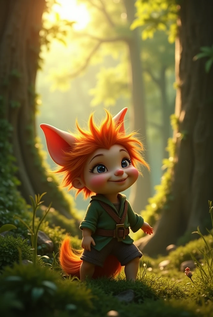 Masterclass, cinematic, epic, realistic, ultra high realistic, 4K, imp, Green, pointed nose, naughty, orange hair, small, in forest,