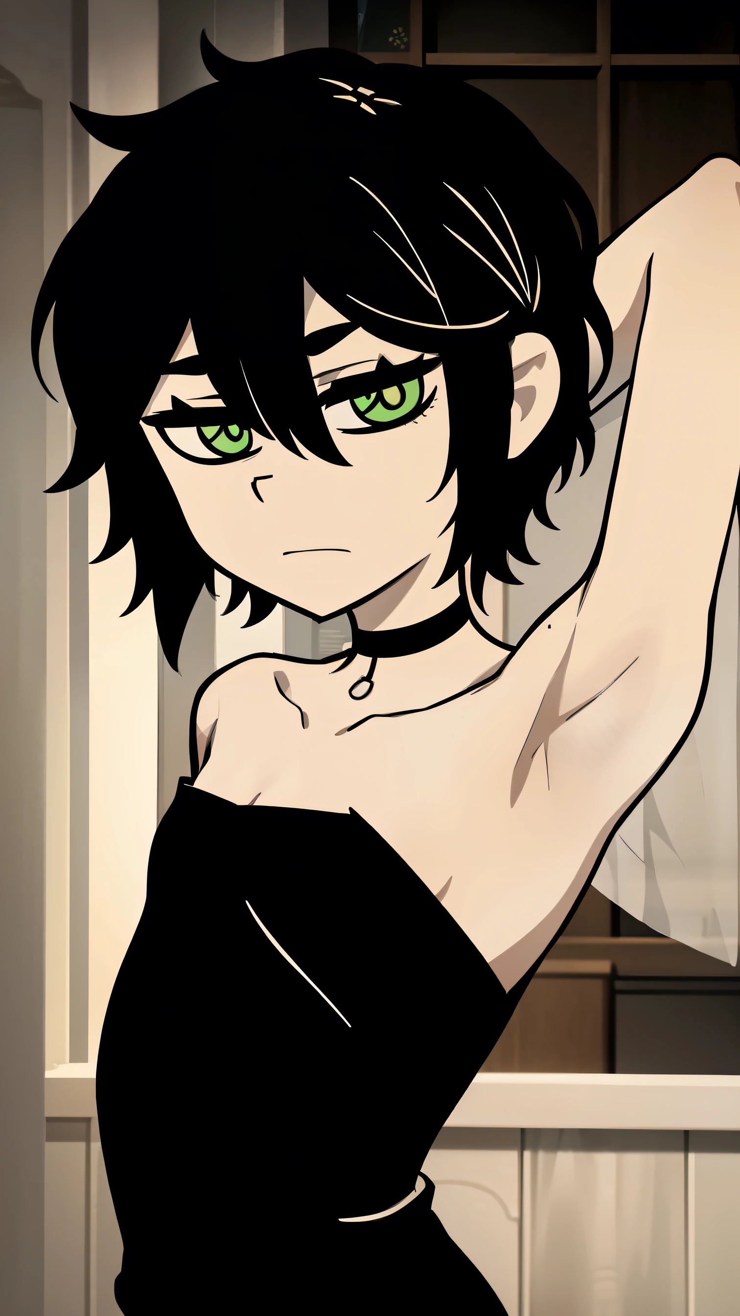Highres, Masterpiece, Best quality at best,Best Quality,hight quality, hight detailed, Anime style, 1boy, Shota, young boy, Young andy graves, hair between eyes, closed mouth,black hair, green eyes, Slim body, messy hair, bright pupils, look at viewer,Inside a church, Style of wedd00ing, Strapless dress, Bare shoulder, Transparent veil covering head, Flowers on head, choker, Flat chest, upper body, simple beckground, (Showing armpit:1.3), (very young boy), (very small and short body), simple beckground, hansome boy, Uhd, bokeh
