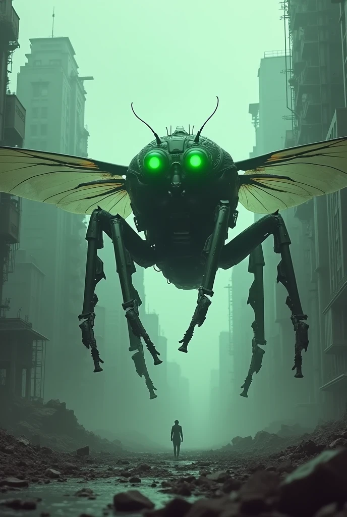 A giant robotic fly with big neon green eyes flying in the middle of a destroyed city with some destroyed buildings on side . A futuristic war of insect robosts. An animated picture with dark and foggy green neonic aura and environment. Futuristic cyberpunkish
