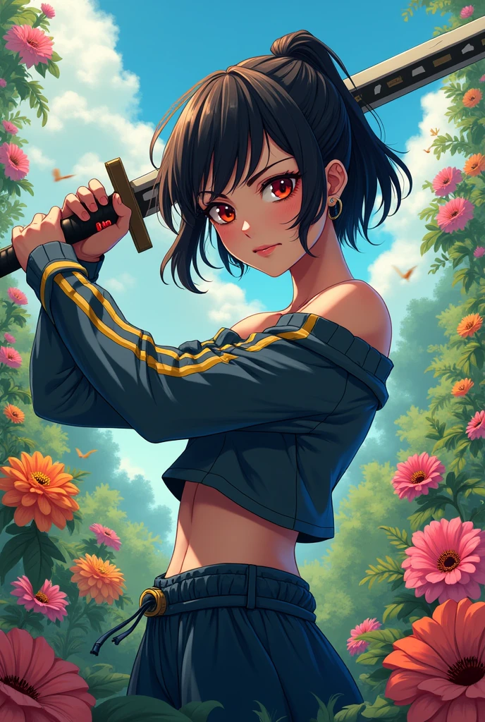 ((Best Quality)), ((masterpiece)), (detailed), 1 girl, off shoulder sweater,  Japanese zombie swordswoman, intelligent, detailed, 4k, anime portrait in a very colorful garden, I recommend that you use exaggerated movements and do them in a very anime style.