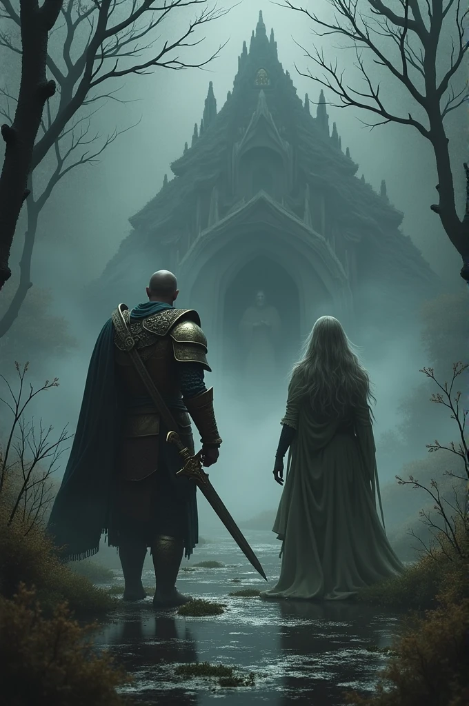 "the warrior and the sorceress arrive at a dark swamp, where shadows move alone. There is an old and mysterious cave in the fog, with an ancient looking sage coming out to greet them". super realistico.