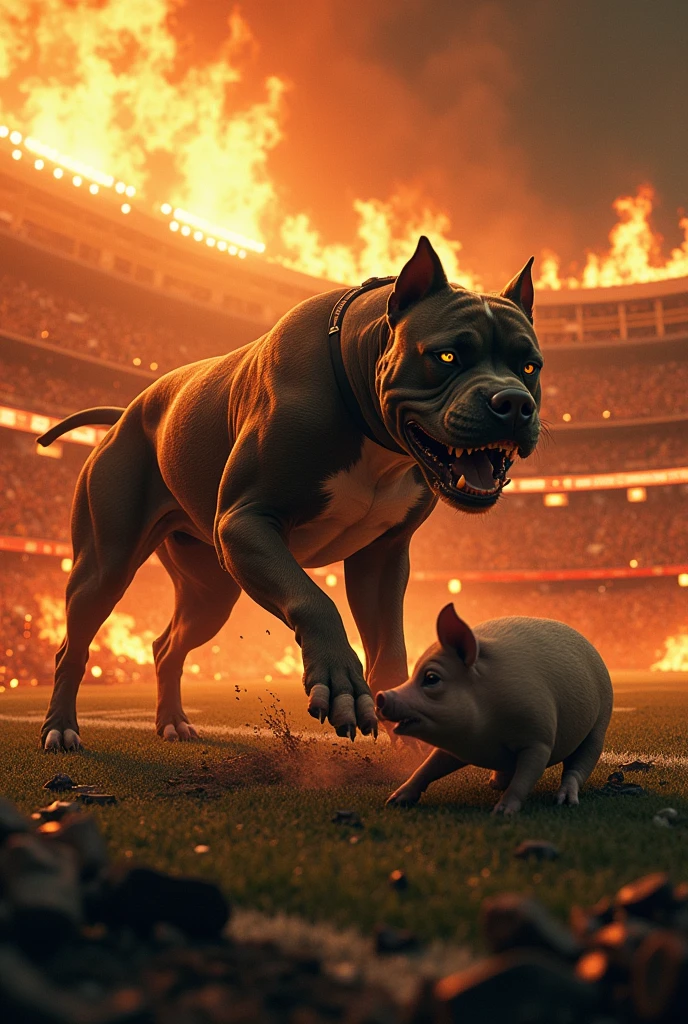 Create an image of a hellish scenario, on fire inside a football stadium, with a pitbull with extremely high hatred and anger attacking a weak pig.