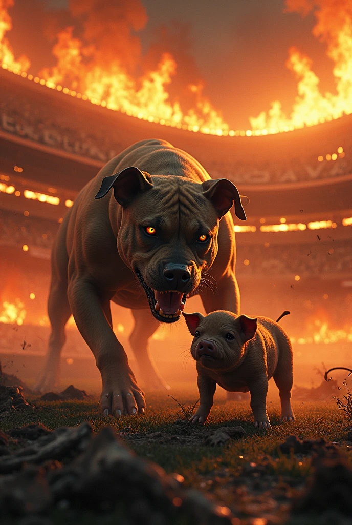 Create an image of a hellish scenario, on fire inside a football stadium, with a pitbull with extremely high hatred and anger attacking a weak pig.