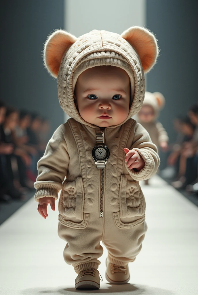 Newborn baby with very large head wearing a guess watch costume and hat in a realistic full body fashion show