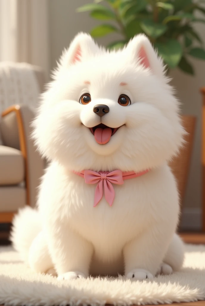 Chubby white dog with long hair and a pink collar