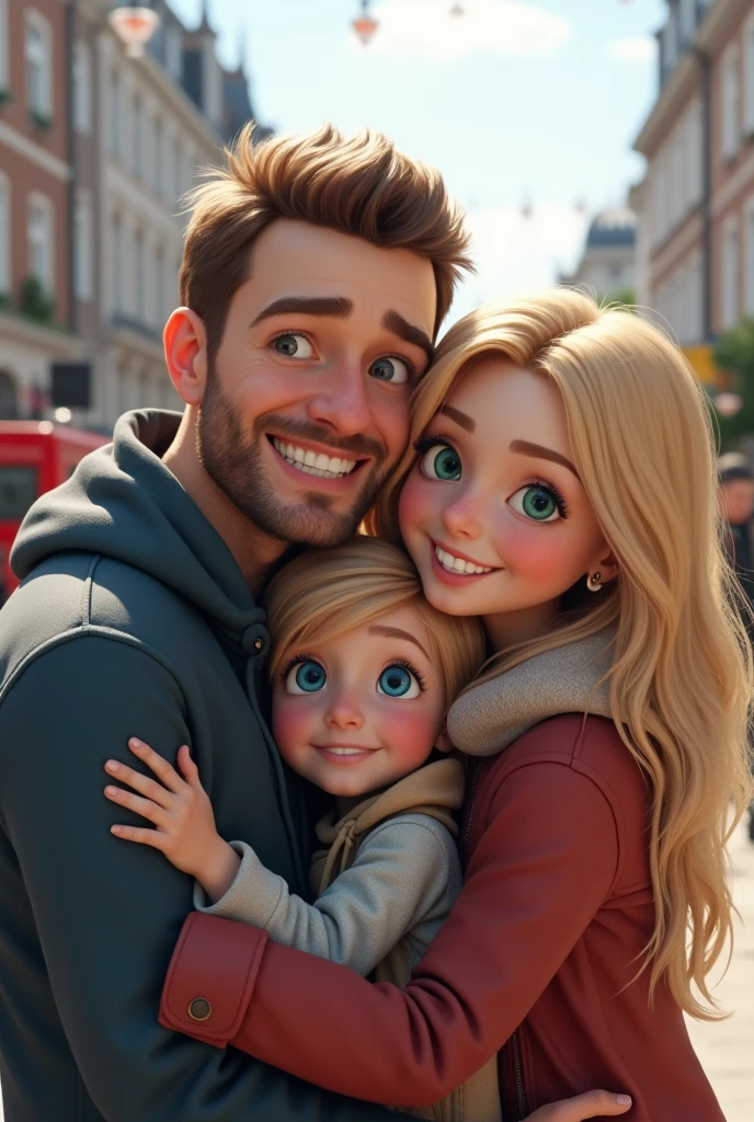 Blonde child , blue eyes very long hair hugging her father, brown hair and eyes and her mother blonde green eyes long hair taking a selfie on the streets of London 8k ultra realistic 