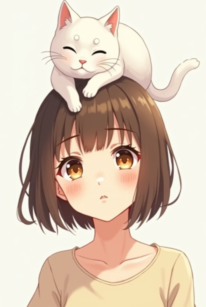 An anime girl with short brown hair and brown eyes with a cat on top of her head, all white. 