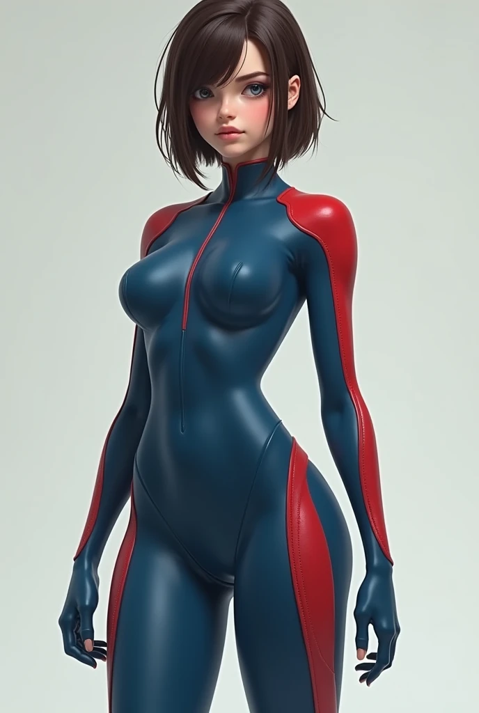 Young woman with short, straight brown hair in a mullet style, slim and small breasts, long sleeves and a high collar、blue rubber with red side lines throughout the suit, From the feet to the sleeves、Runs from the collarbone to the chest, red